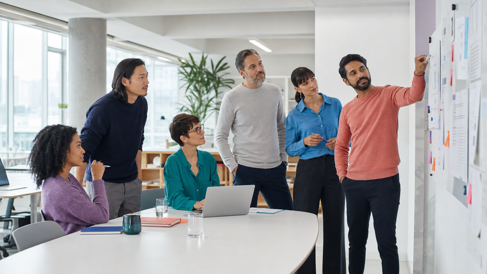 A team collaborating around a planning board